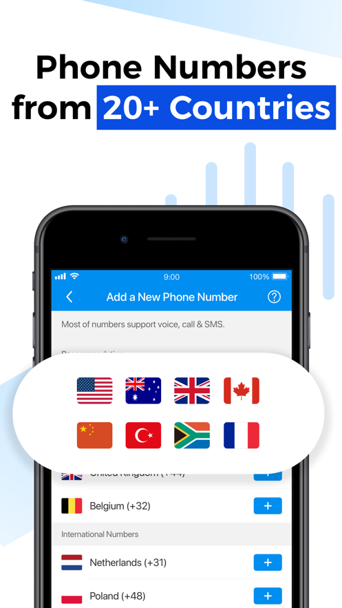 Dingtone screenshot: phone numbers from 20+ countries